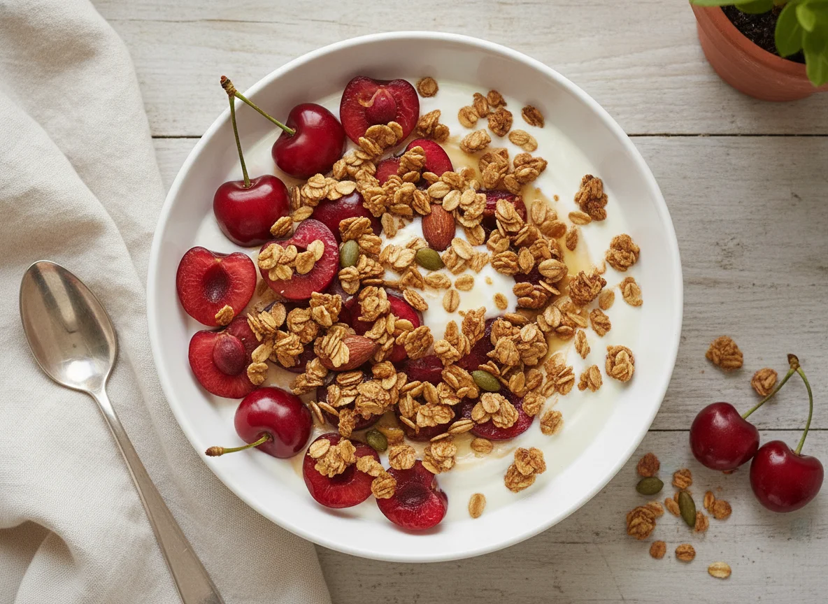 Yogur con cerezas y granola photo