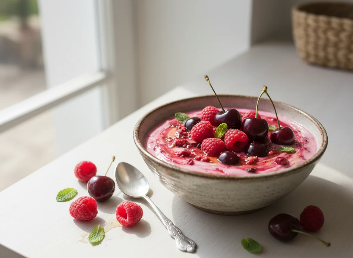 Yogur con frambuesas y cerezas photo
