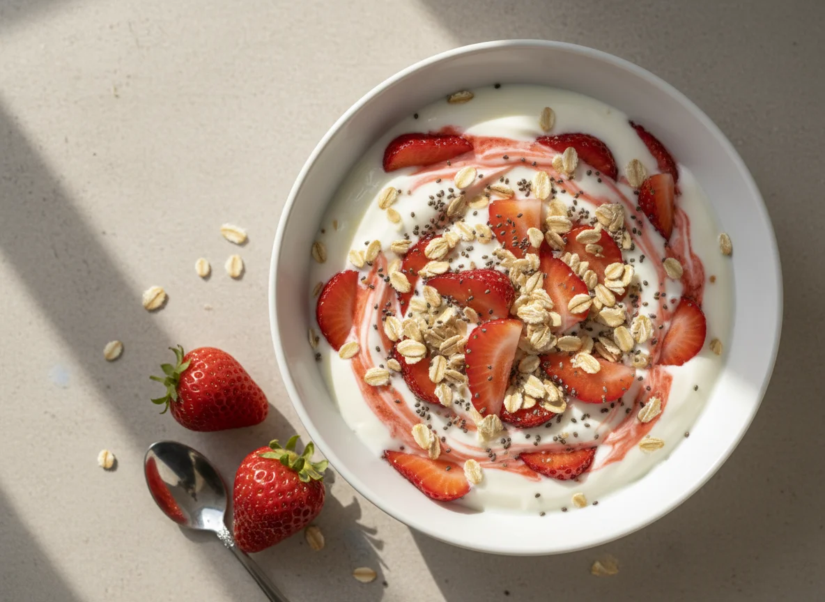Yogur con fresas, avena y chía photo