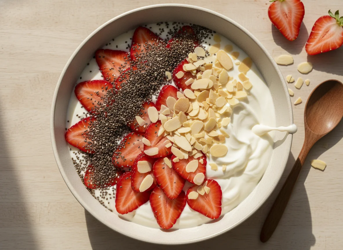 Yogur con fresas, chía y almendras photo
