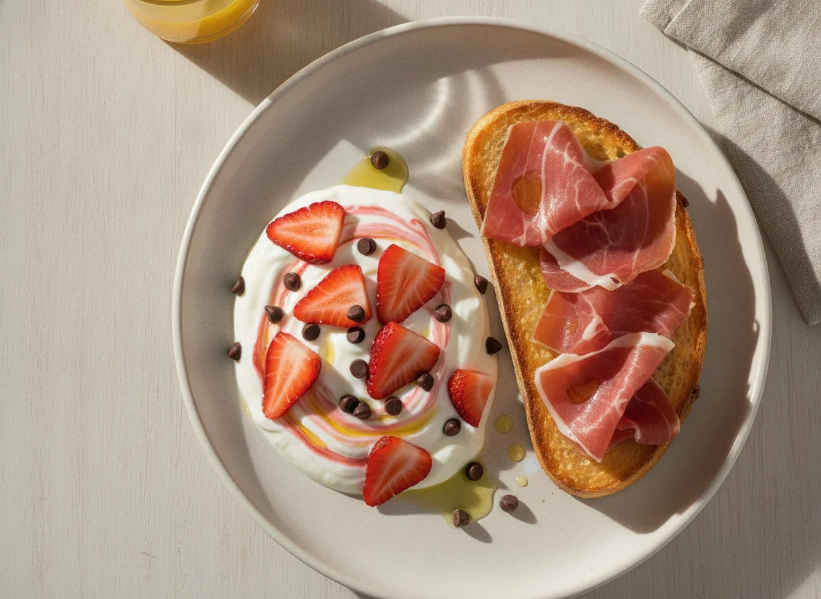 Yogur con fresas, chocolate y tostada de jamón photo