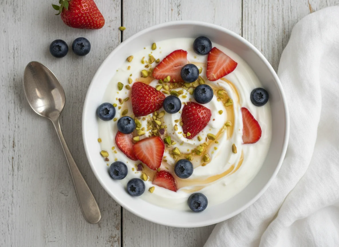 Yogur con fresas y arándanos photo