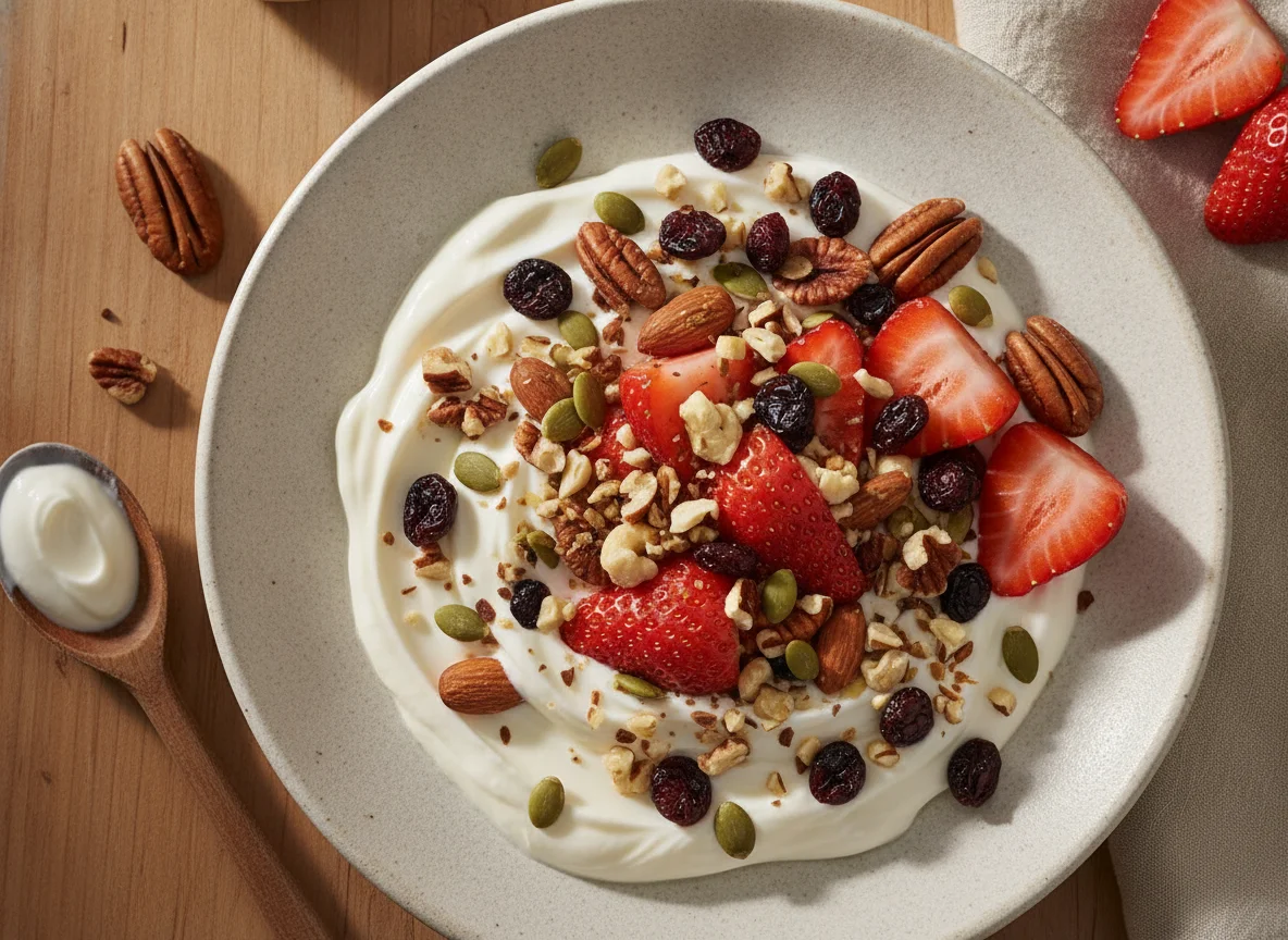 Yogur con fresas y frutos secos photo