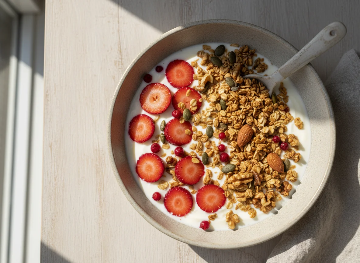 Yogur con fresas y granola photo