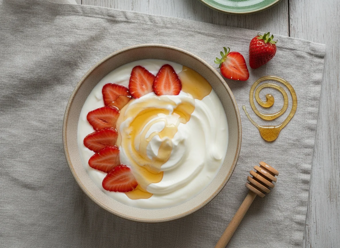 Yogur con fresas y miel photo