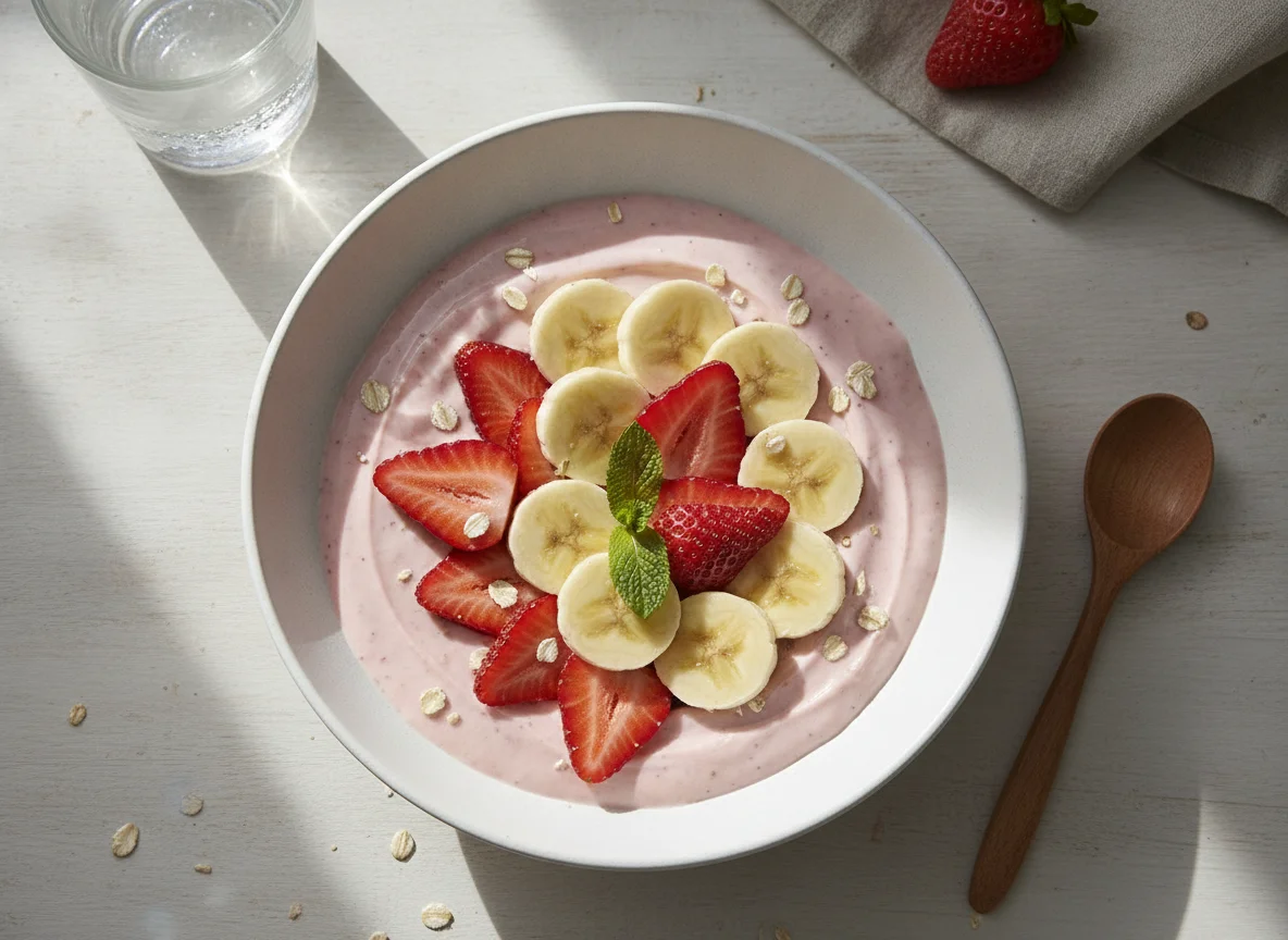 Yogur con fresas y plátano photo