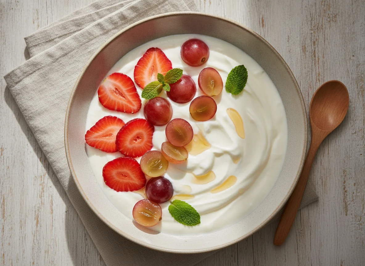 Yogur con fresas y uvas photo
