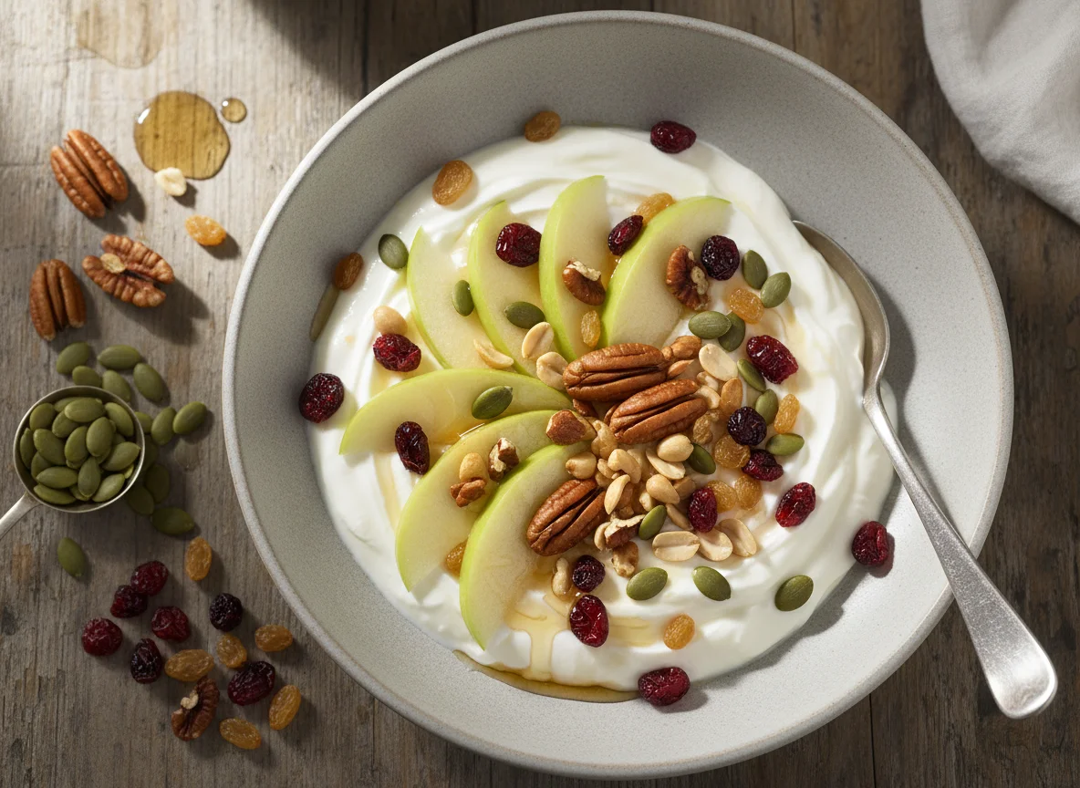 Yogur con fruta y frutos secos photo