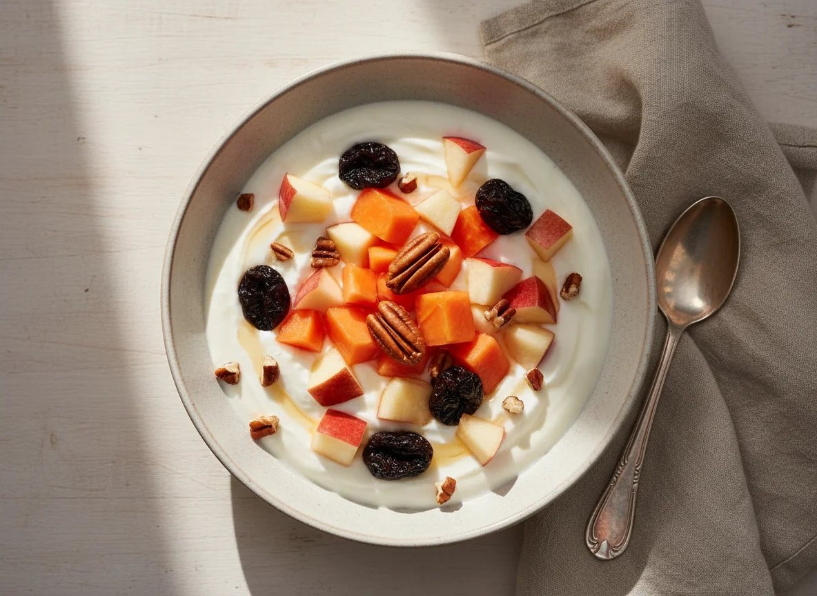 Yogur con fruta y nueces photo