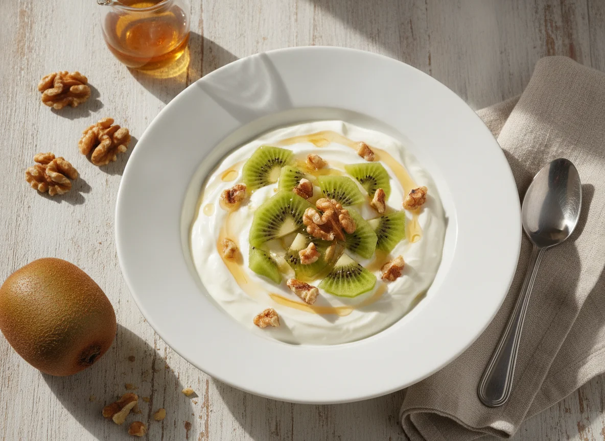Yogur con fruta y nuez photo