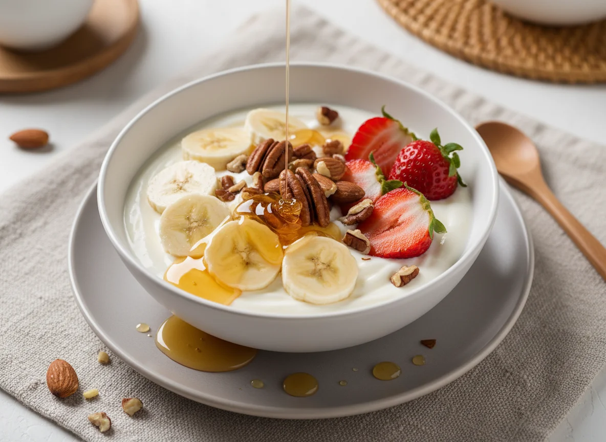 Yogur con frutas, almendras y miel photo
