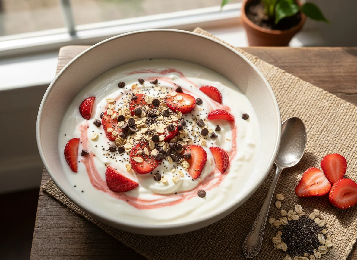 Yogur con frutas, avena y chía photo