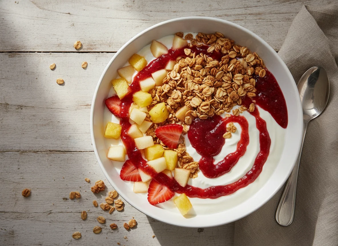 Yogur con frutas, granola y mermelada photo