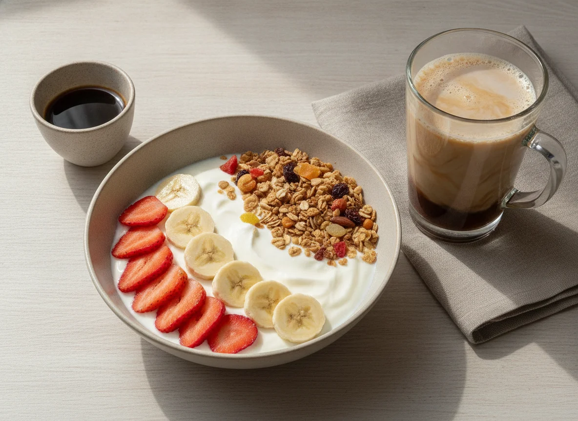 Yogur con frutas, muesli y café con leche sin lactosa photo
