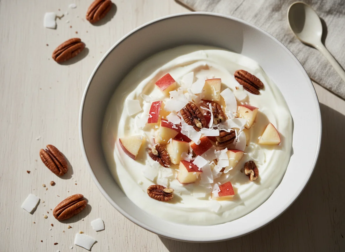 Yogur con frutas, nueces y coco photo