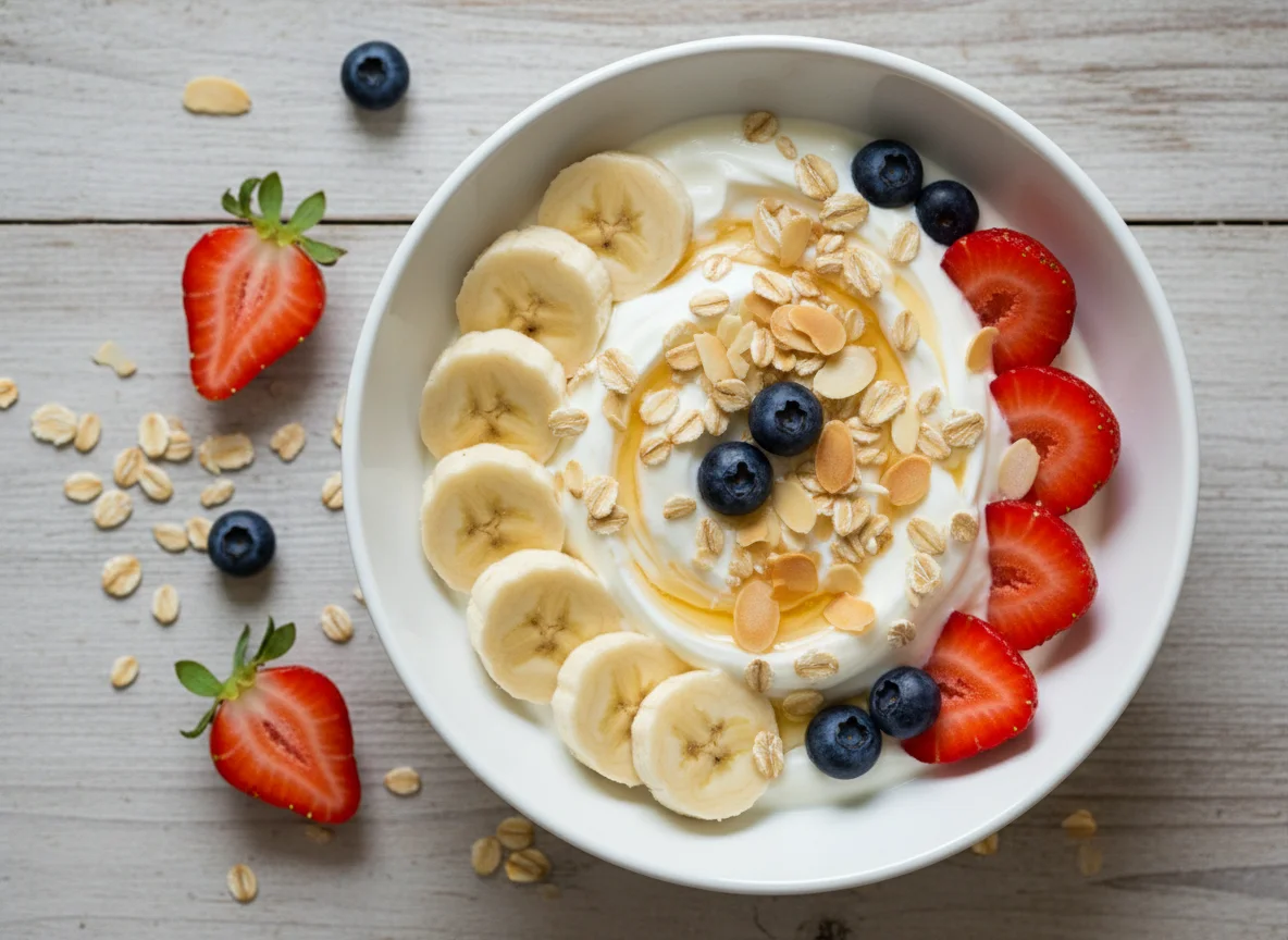 Yogur con frutas y avena photo
