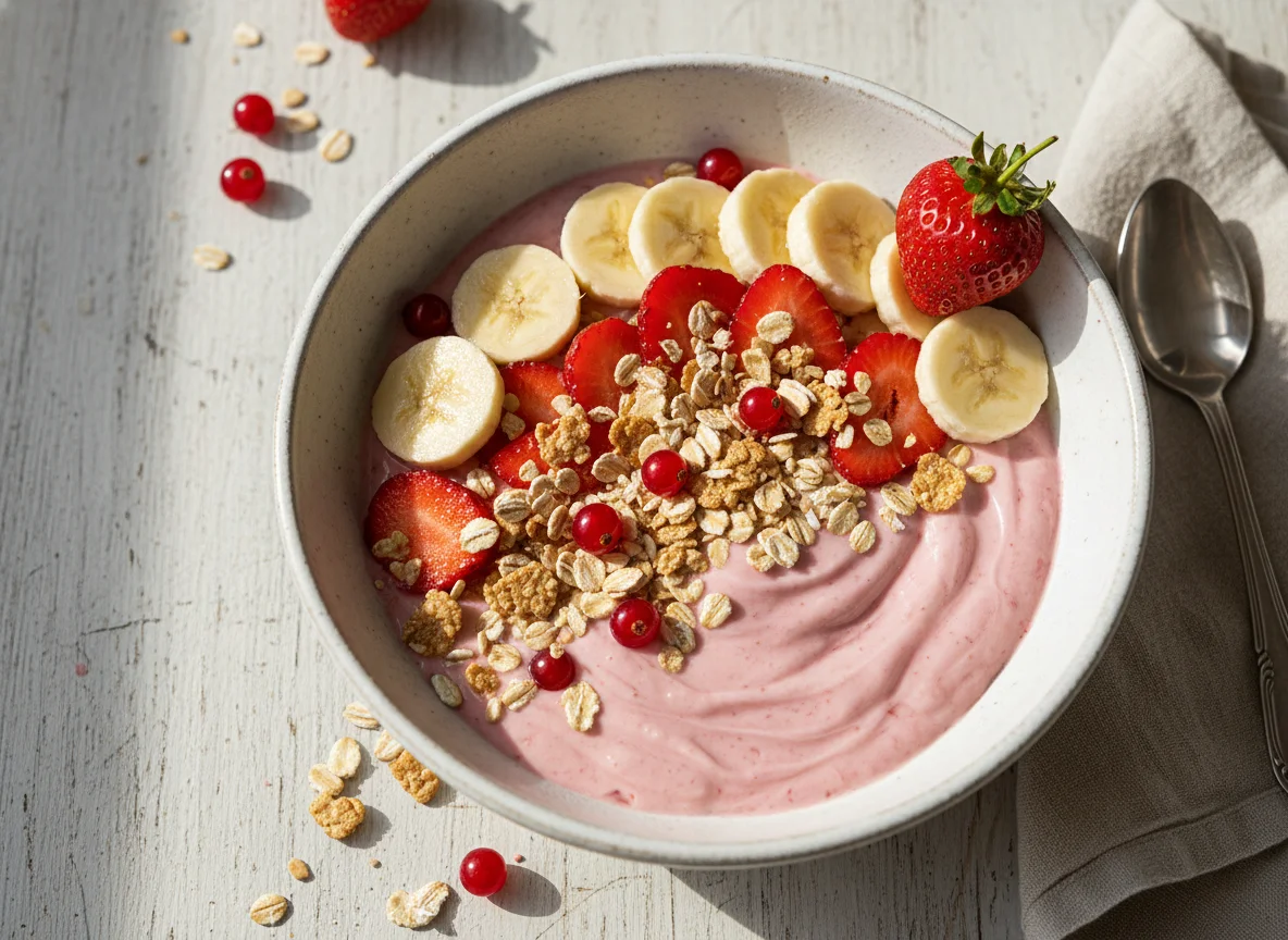 Yogur con frutas y cereal photo