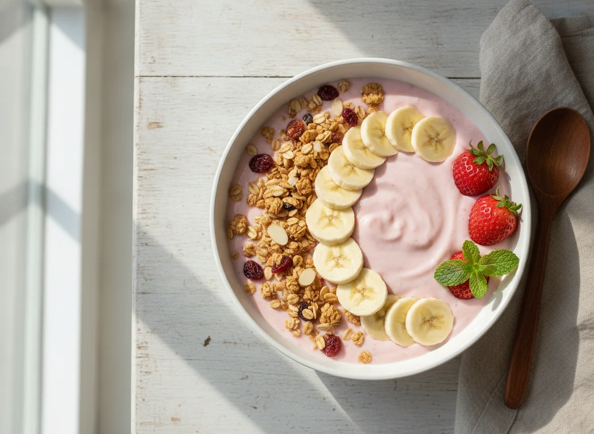 Yogur con frutas y cereales photo