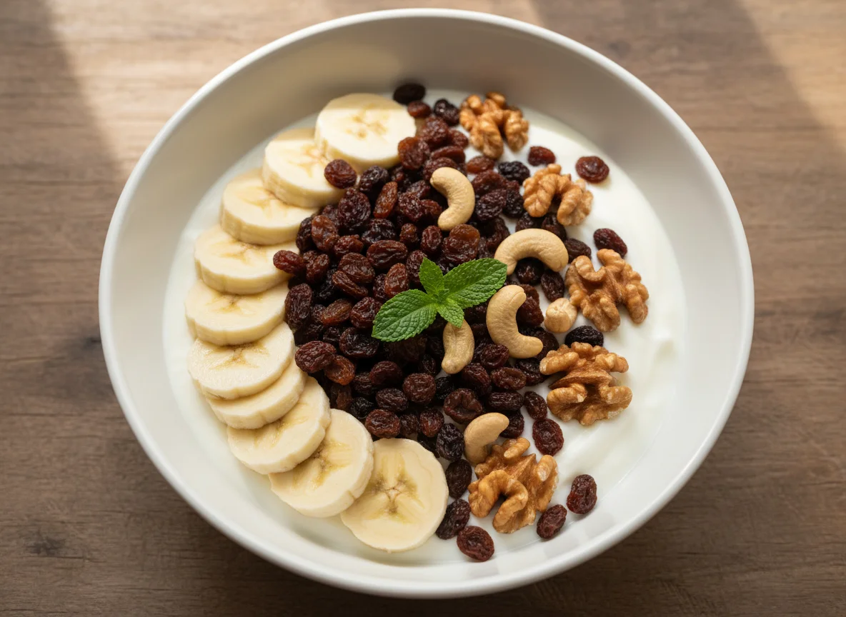Yogur con frutas y frutos secos photo