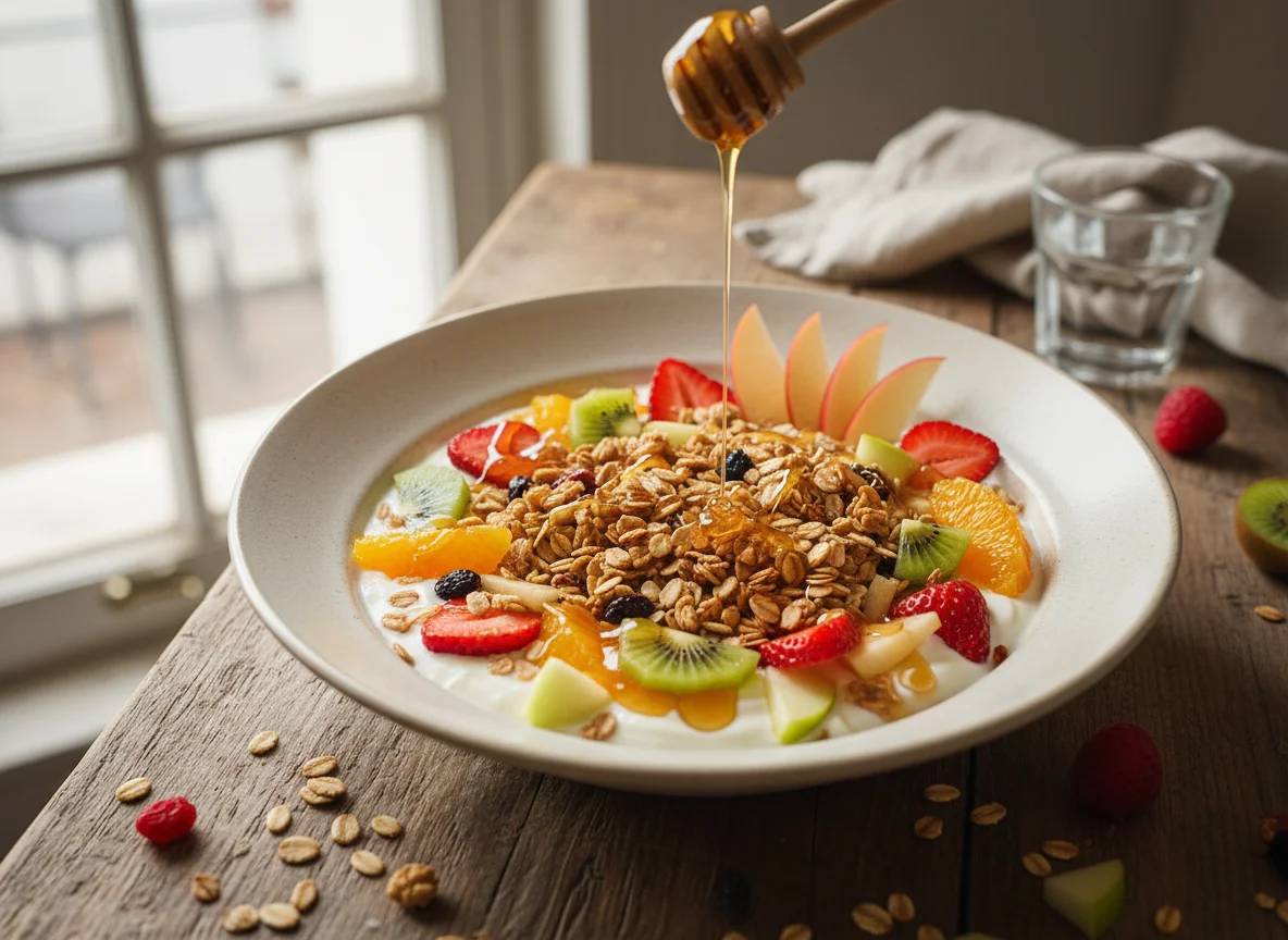 Yogur con frutas y granola photo