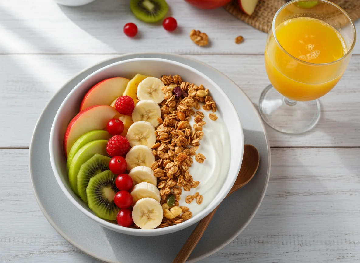 Yogur con frutas y granola, y jugo de naranja photo