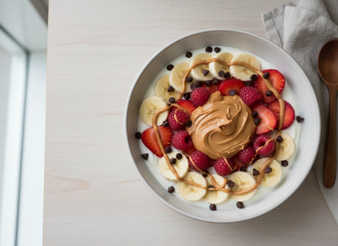 Yogur con frutas y mantequilla de maní photo