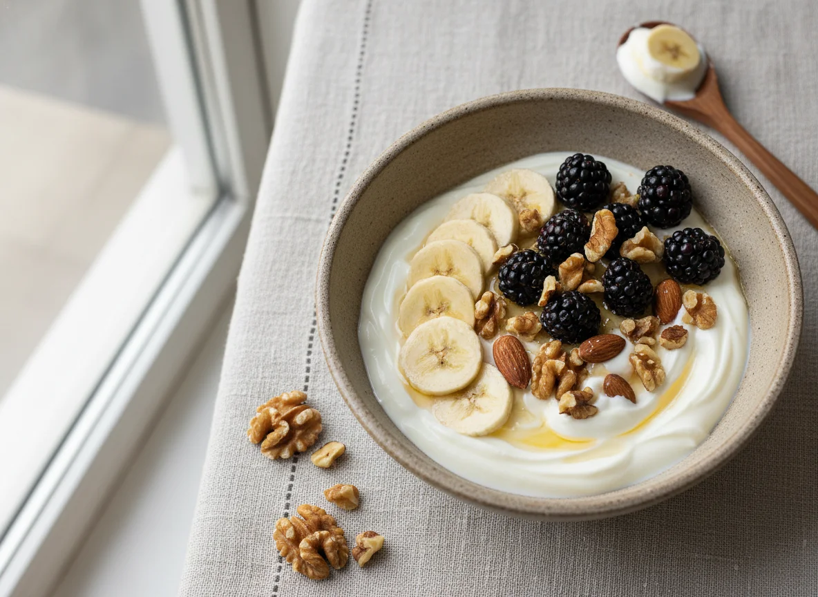 Yogur con frutas y nueces photo