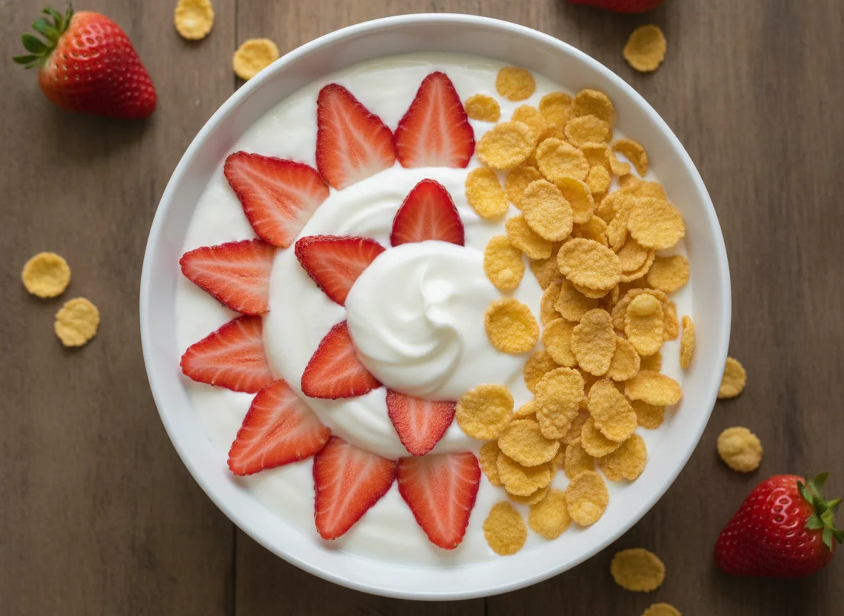 Yogur con frutillas y cereal photo