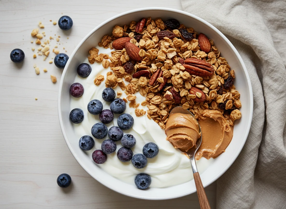 Yogur con frutos rojos, granola y mantequilla de maní photo