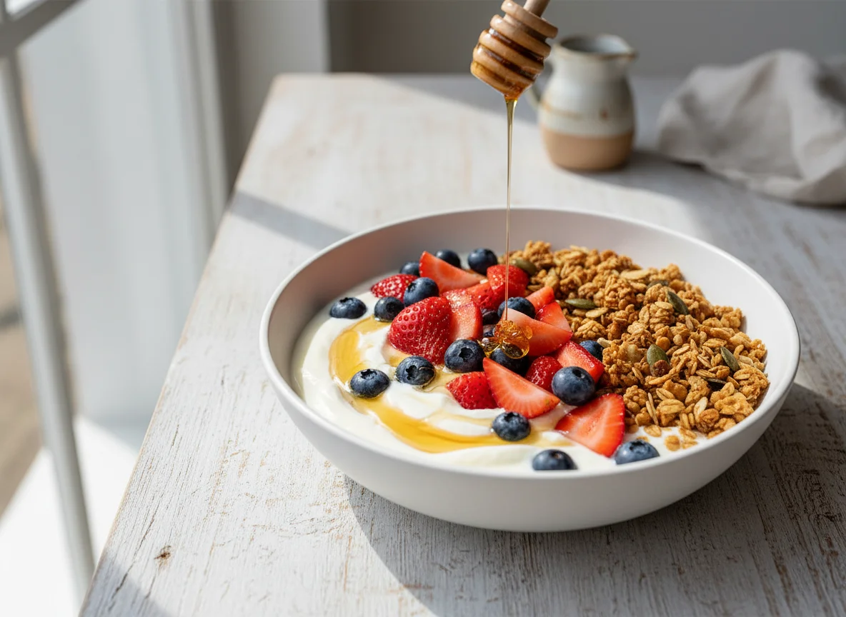 Yogur con frutos rojos, granola y miel photo