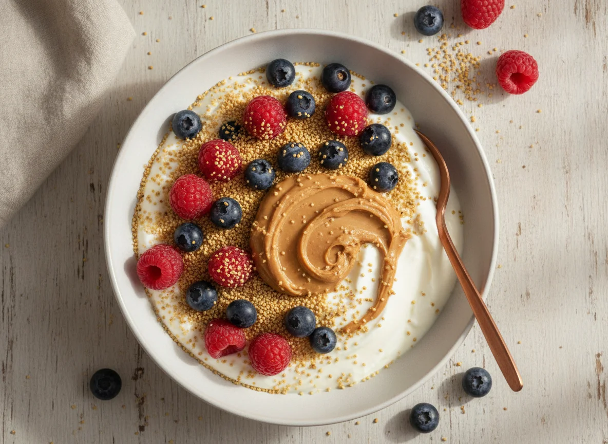Yogur con frutos rojos, mantequilla de maní y amaranto photo