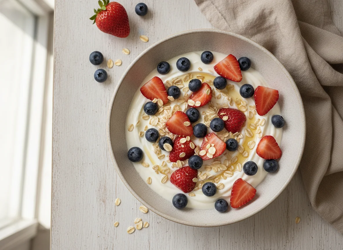 Yogur con frutos rojos y avena photo