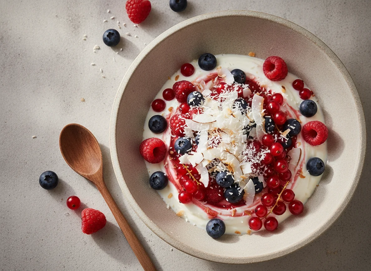 Yogur con frutos rojos y coco rallado photo