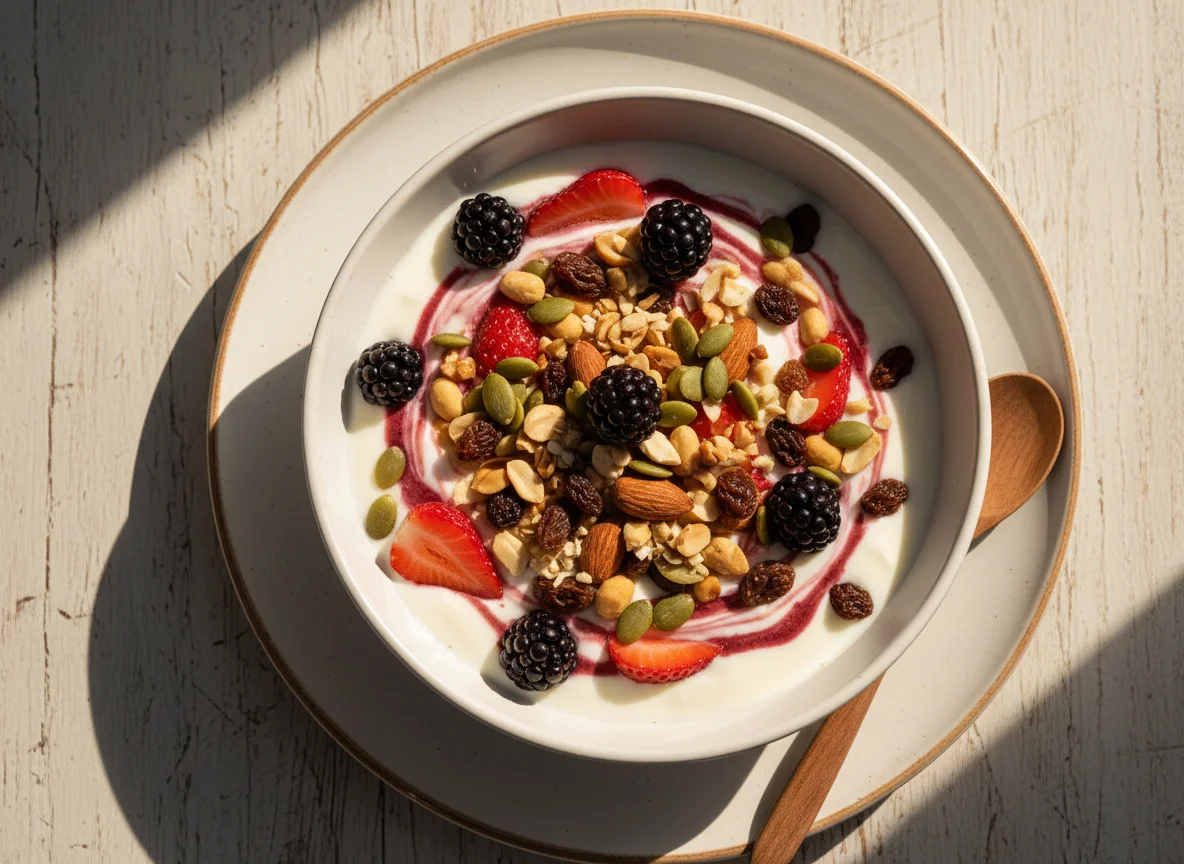 Yogur con frutos rojos y mezcla de frutos secos photo