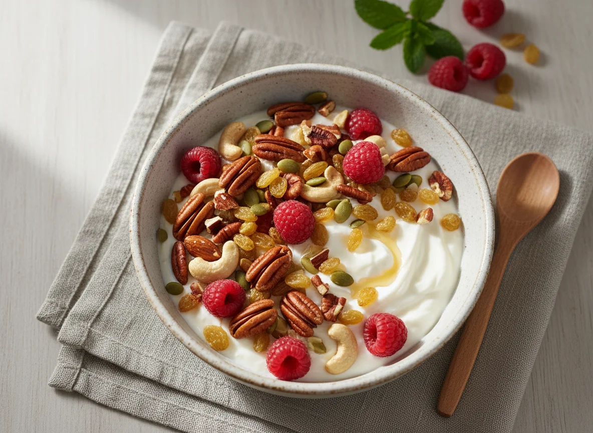 Yogur con frutos rojos y mezcla de nueces photo