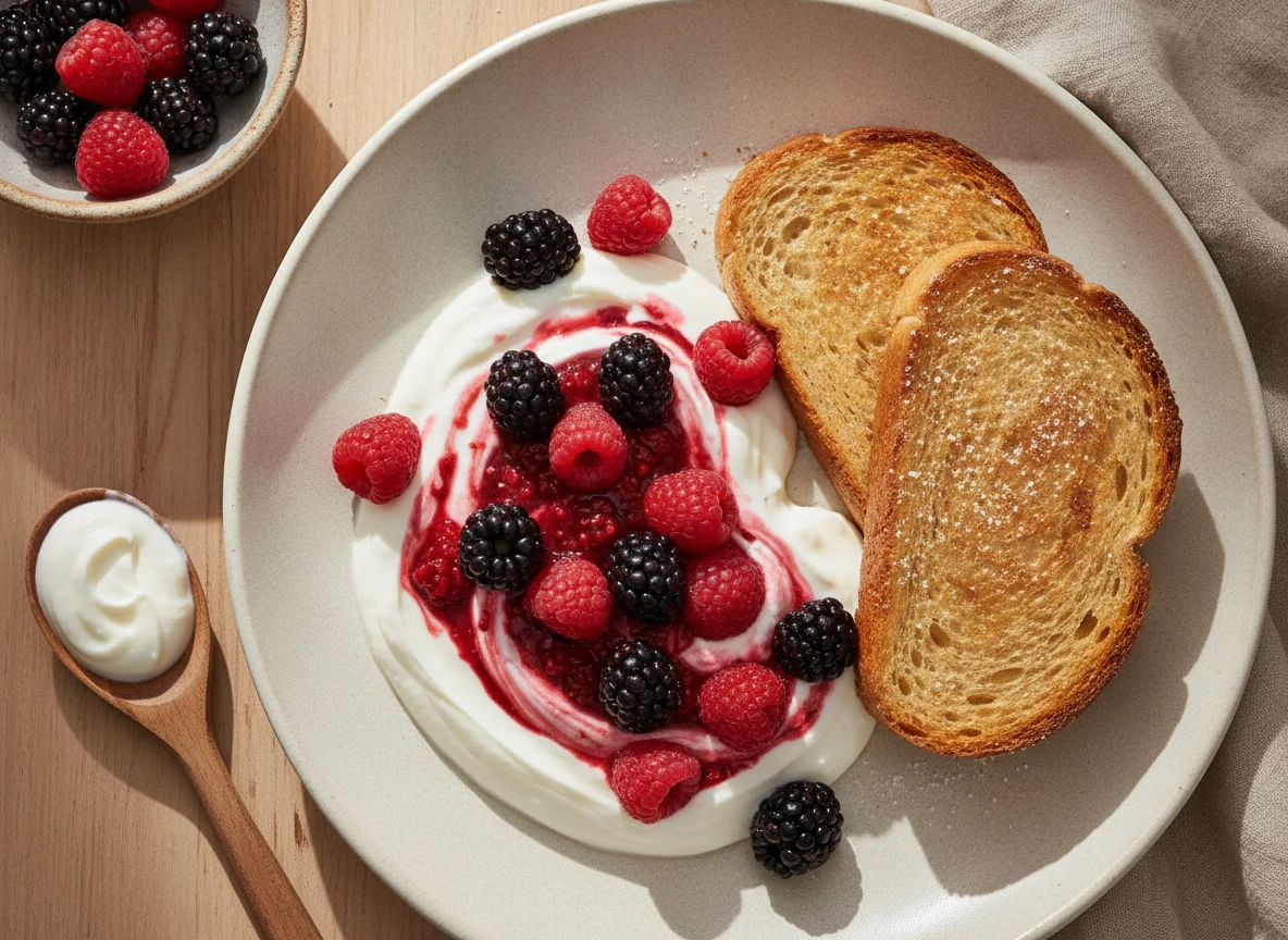 Yogur con frutos rojos y pan tostado photo