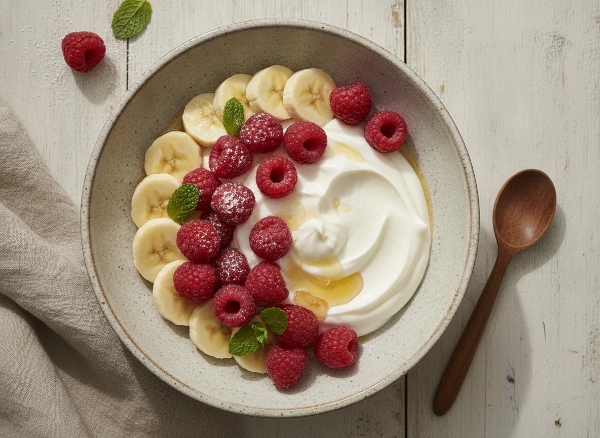 Yogur con frutos rojos y plátano photo
