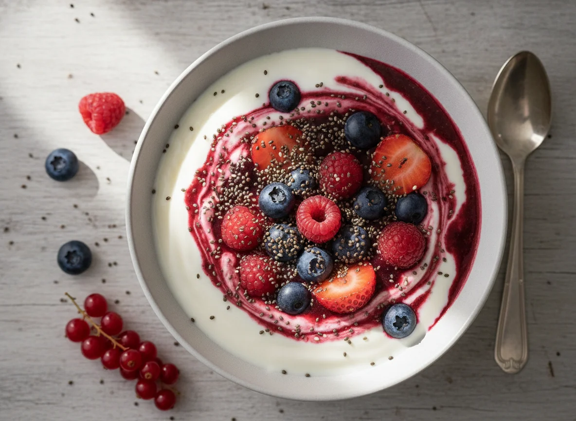 Yogur con frutos rojos y semillas de chía photo