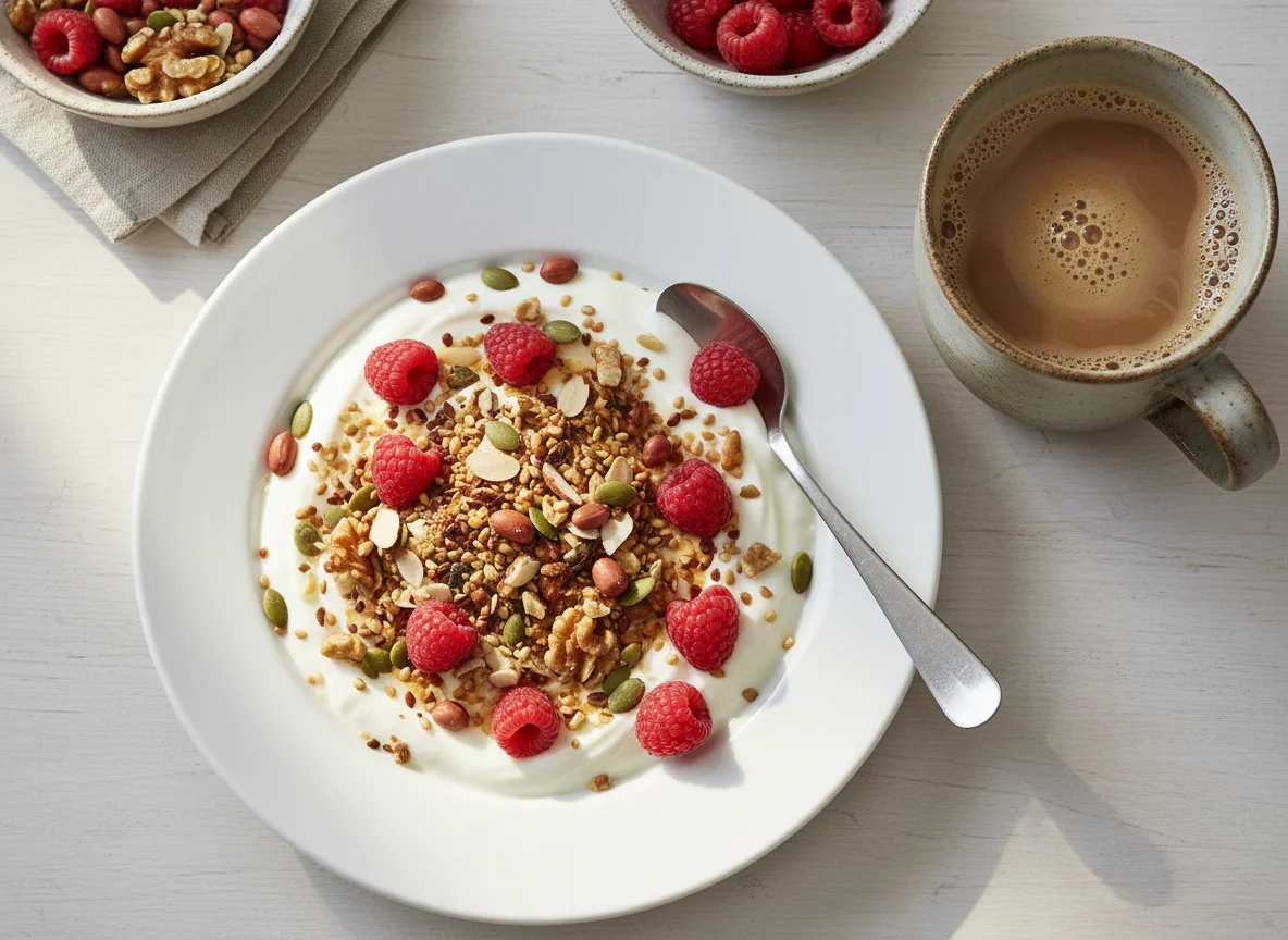 Yogur con frutos rojos y semillas, y café photo