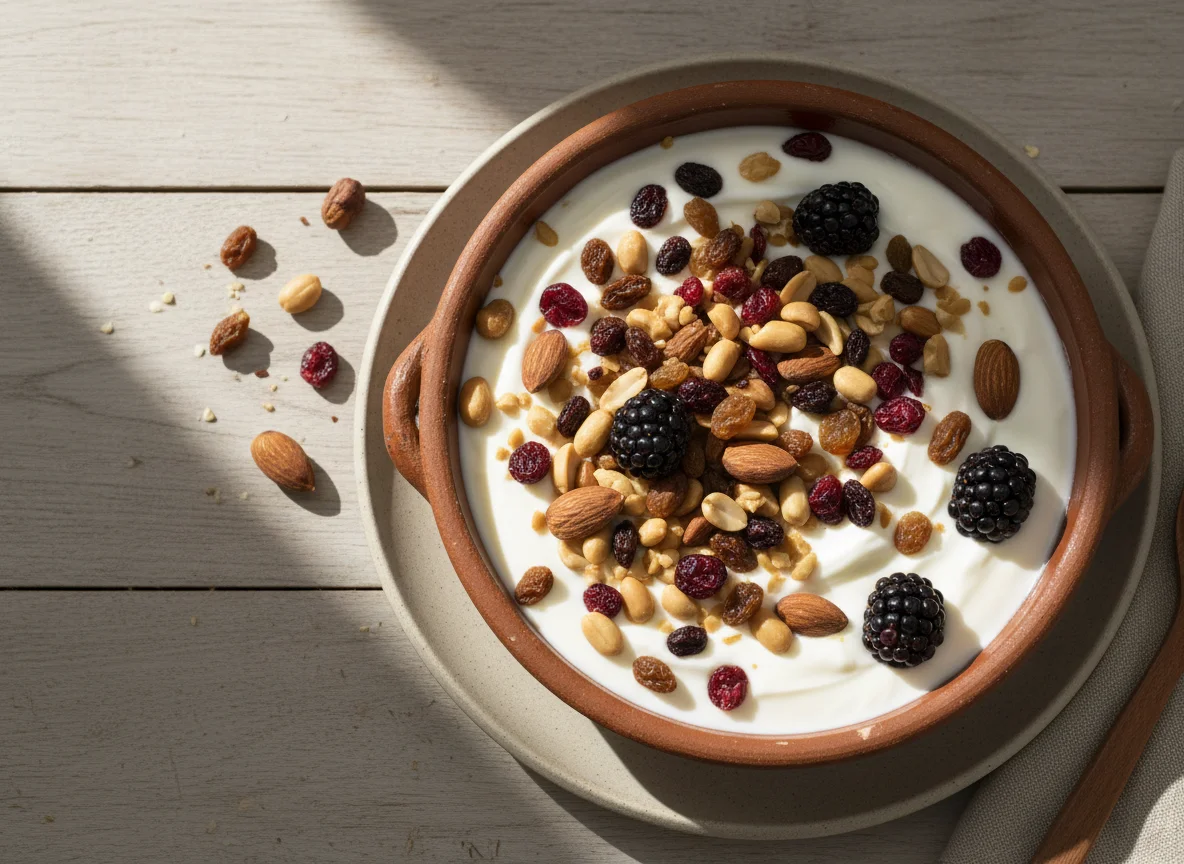 Yogur con frutos secos y bayas photo