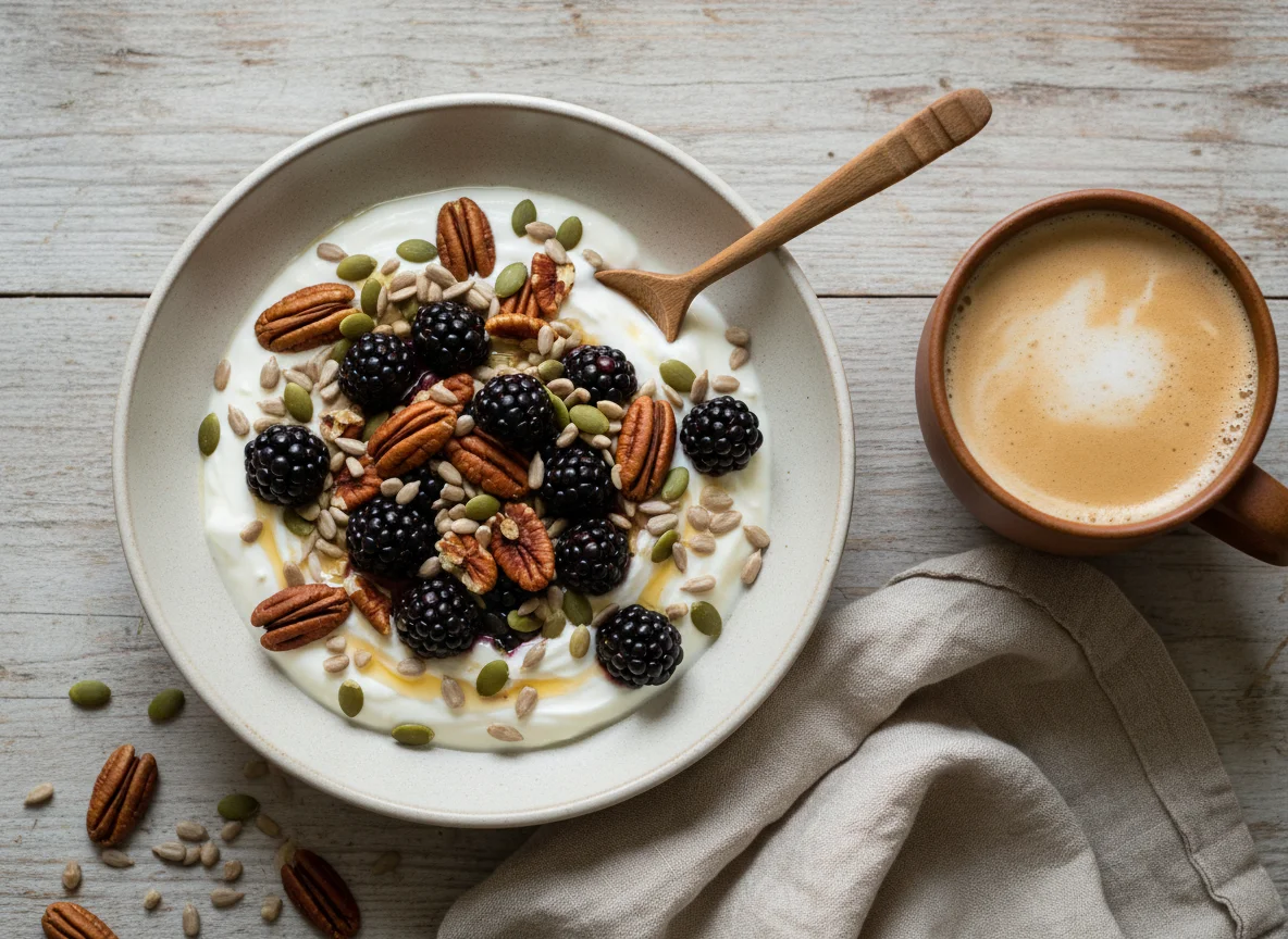 Yogur con frutos secos y café photo