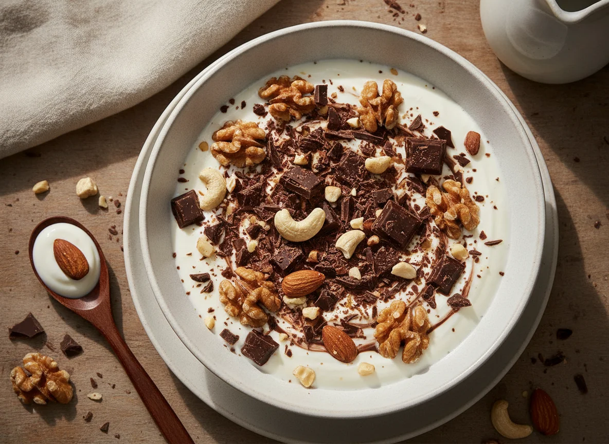 Yogur con frutos secos y chocolate photo