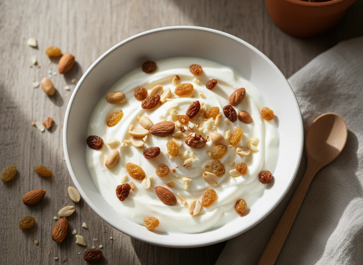 Yogur con frutos secos y pasas photo