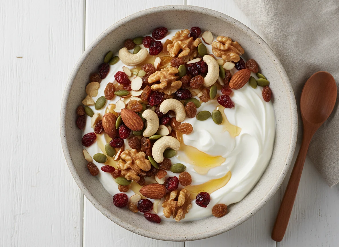 Yogur con frutos secos y semillas photo