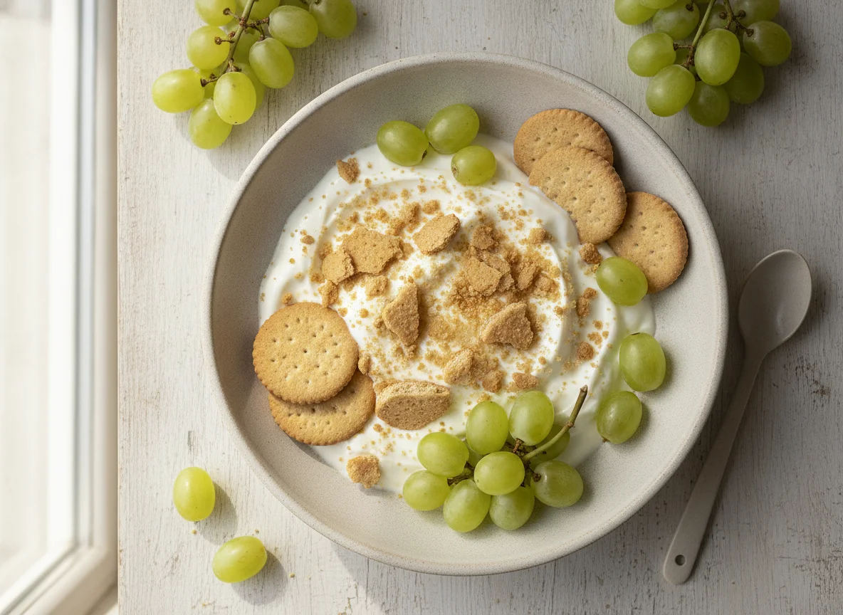 Yogur con galletas y uvas photo