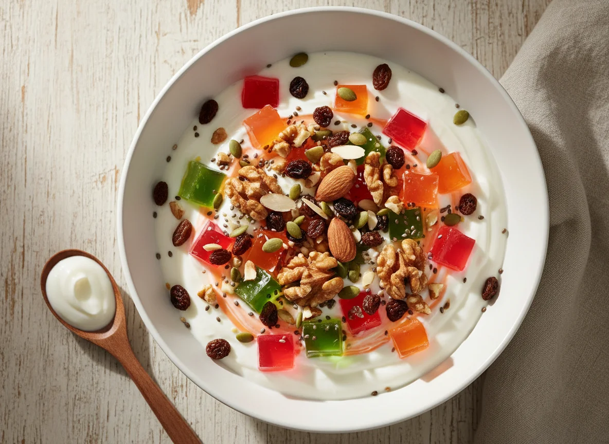 Yogur con gelatina, frutos secos y semillas photo