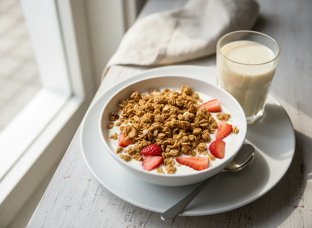 Yogur con granola, fresas y licuado photo