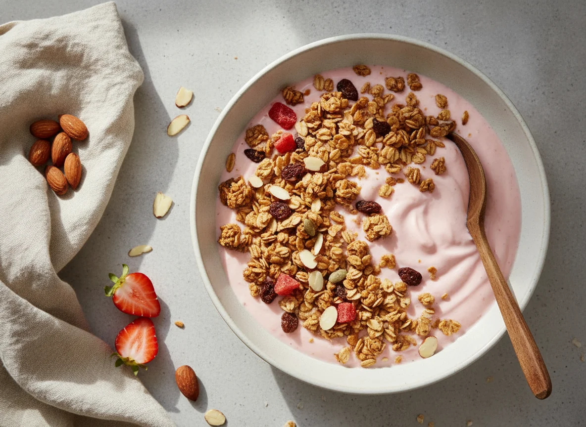 Yogur con granola y almendras photo
