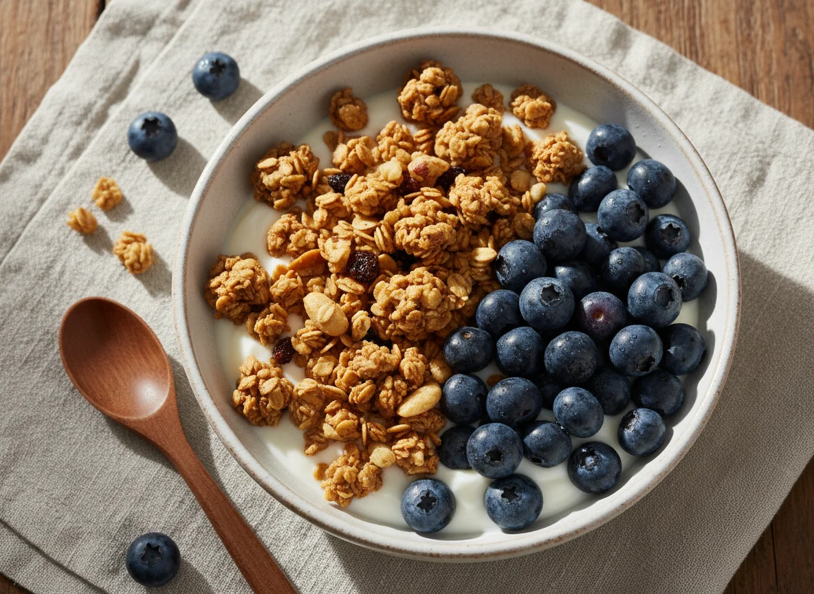 Yogur con granola y arándanos photo