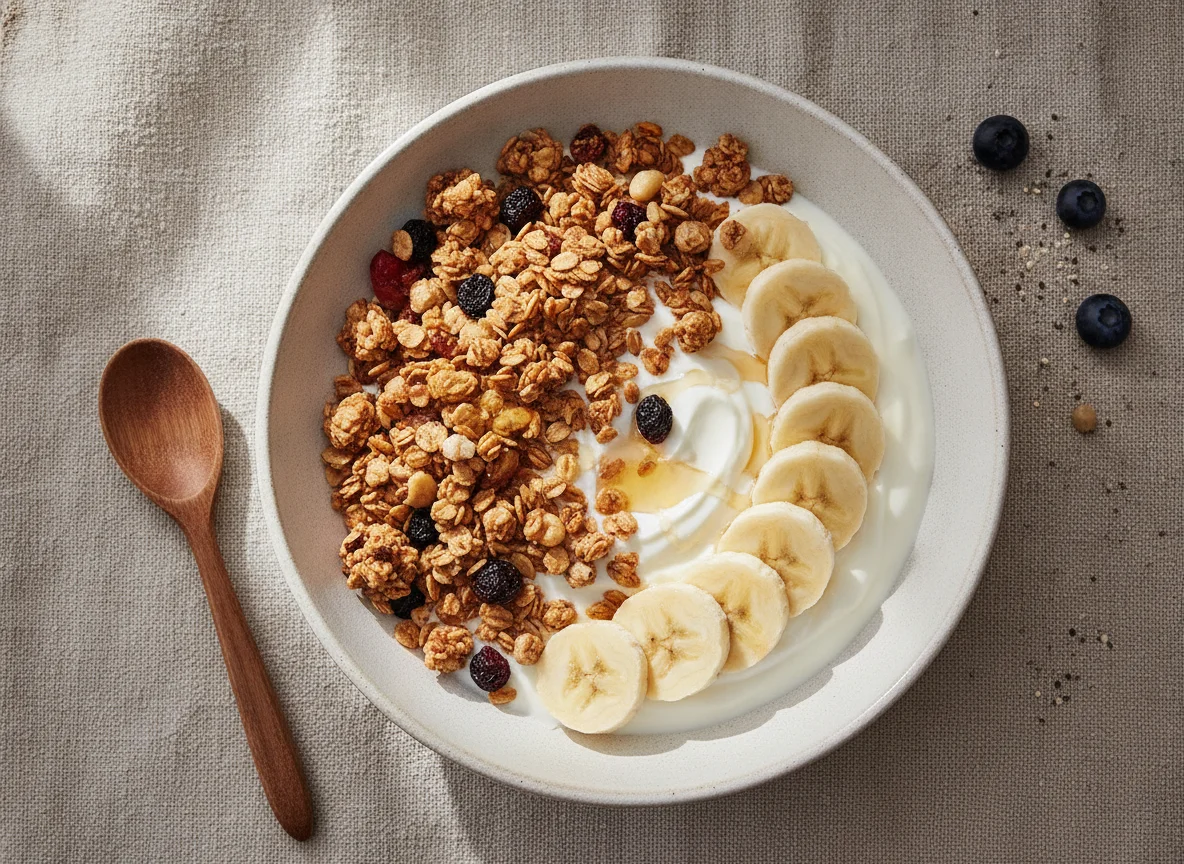 Yogur con granola y banana photo